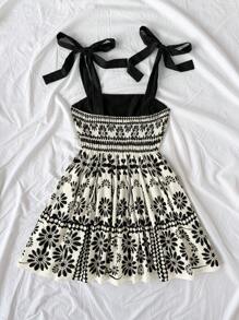 Truni Vestido mini acampanado de talla grande para mujer con estampado retro geométrico negro, tirantes y cintura ceñida para vacaciones - Multicolor - Ver 2