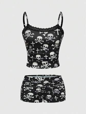 Ensemble de shorts et débardeur de pyjama avec imprimé croix gothique et crâne, décontracté