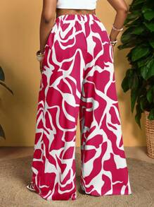 Slaydiva 大码假日休闲印花阔腿裤 - 玫紅色 - 查看 2