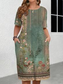 EMERY ROSE Casual Elegant Retro Classical European Floral Print Plus Size Dress, Suitable For Summer,Beach Dress Sundress,Holiday Outfits Boho Suitable For Going Out Chic Dress,Flower/Vacation/Spring - Green - View 1