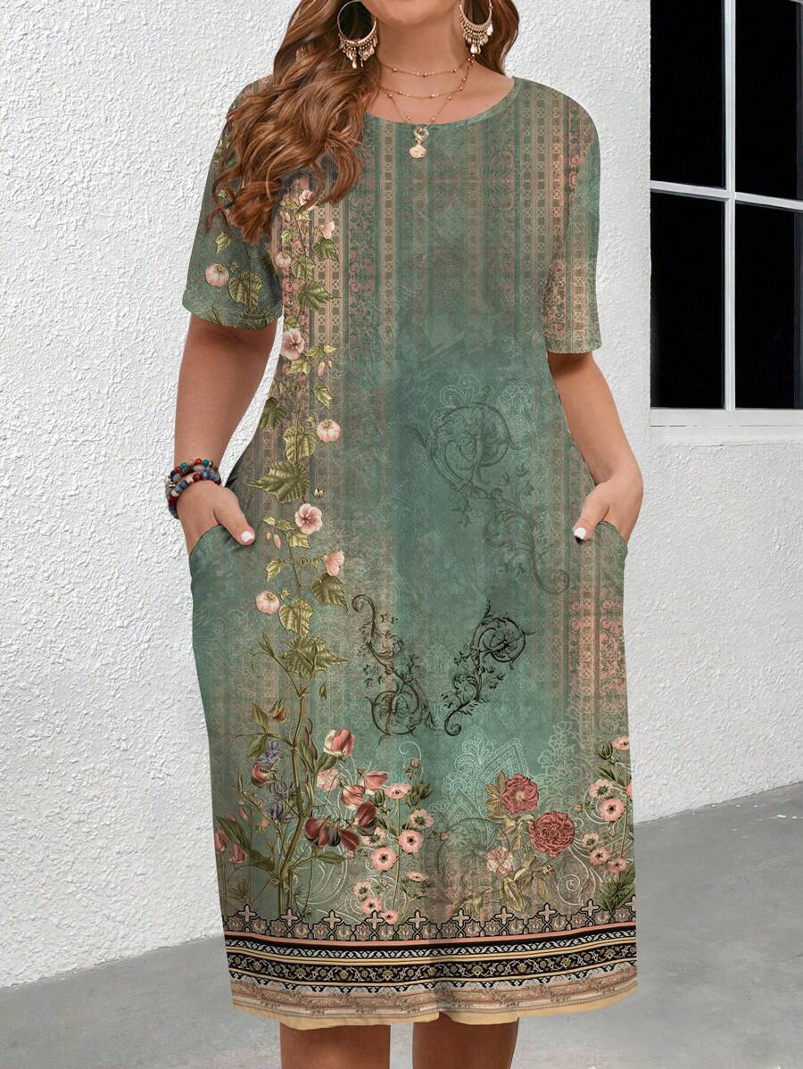 EMERY ROSE Casual Elegant Retro Classical European Floral Print Plus Size Dress, Suitable For Summer,Beach Dress Sundress,Holiday Outfits Boho Suitable For Going Out Chic Dress,Flower/Vacation/Spring - Green - View 1