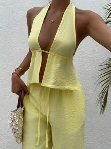 Sunnyshic Set da 2 pezzi: Crop top in lino giallo con scollo a V profondo e schienale aperto e pantaloni larghi a vita bassa con laccetti, casual, sexy ed elegante, outfit da spiaggia e vacanza estiva per donne