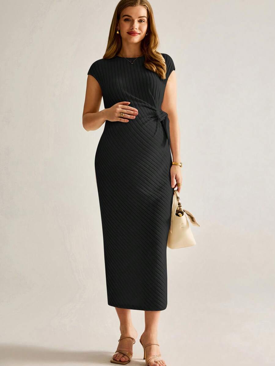 MaterniWear 针织褶皱孕妇装，腰部打结，修身女式夏季连衣裙，女式黑色连衣裙办公室/工作 - 黑色 - 查看 1