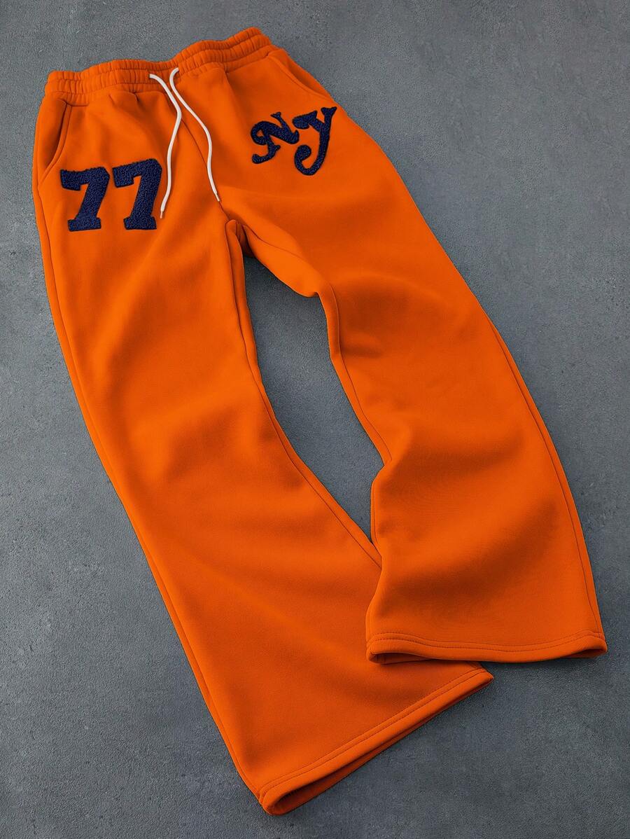 PAVTROS Men's Casual Drawstring Waist Sweatpants With Embroidered Letter Design, For Rave - Orange - View 1