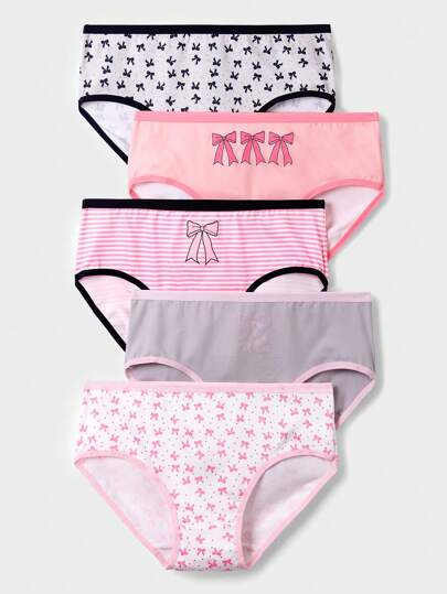 5pcs/Set Teen Girl Colorblock Stripe, Bow, Heart, Letter Printed Soft & Comfortable Briefs