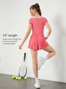GLOWMODE Vestido activo de 3.5" FeatherFit™-Air Pro, cuello cuadrado, con pantalón corto incorporado, bolsillos laterales, agarre antideslizante, para uso diario, tennis, golf y pickleball, con copas desmontables, de secado rápido y que absorbe la transpiración. - Rosa coral - Ver 2
