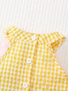 SHEIN Vintaside Kids 女宝宝可爱刺绣花朵和格子无袖上衣和裤子套装，春夏 - 黃色 - 查看 5