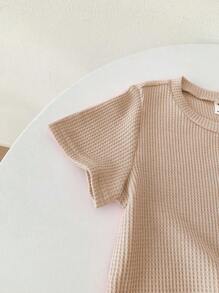 SHEIN Genkimix Kids 年轻女孩夏季休闲纯色短袖T恤和短裤两件套 - 卡其色 - 查看 3