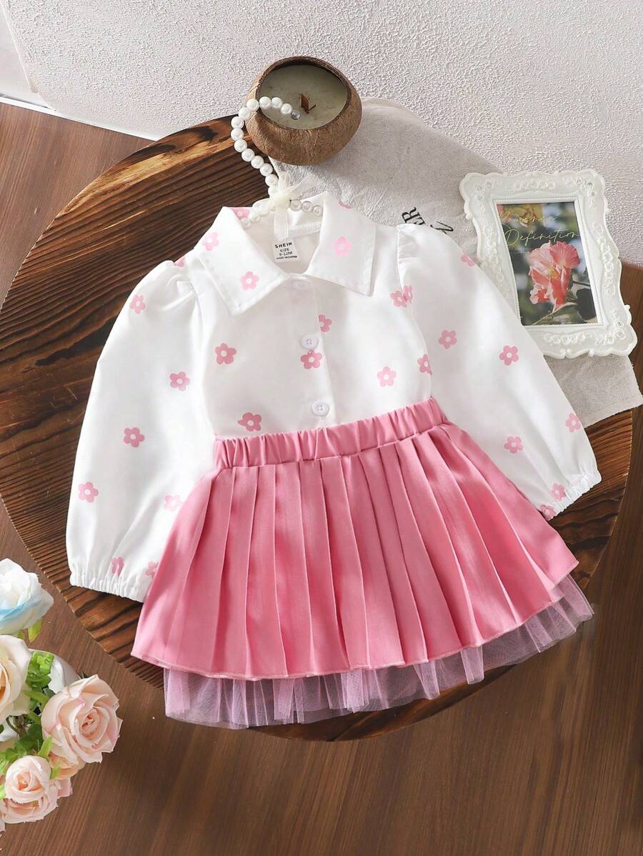 2pcs/Set Baby Girl Blouse And Pleated Skirt Outfit - Pink - View 1