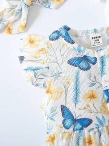 SHEIN 3pcs/Set Baby Girls' Casual Cute Butterfly Print Cap Sleeve Loose Elastic Comfortable Romper & Headband - Multicolor - View 4