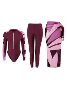 Swim Mulvari 3-Piece Random Print Women One-Piece Swimsuit With Round Neck, Long Sleeve, Shoulder Shirring, Zipper Front Design Top, High Waisted Swim Shorts With Drawstring, And Beach Dress, Modest Vacation Burkini Set