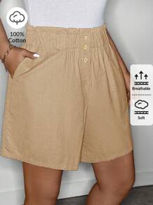 SHEIN LUNE 加大码女式亚麻弹力荷叶边下摆休闲短裤，夏季女士春假夏季波西米亚风复古棉质 - 卡其色 - 查看 1