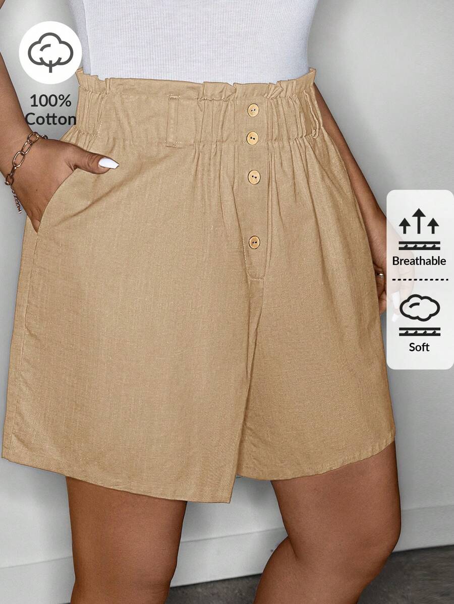 SHEIN LUNE 加大码女式亚麻弹力荷叶边下摆休闲短裤，夏季女士春假夏季波西米亚风复古棉质 - 卡其色 - 查看 1
