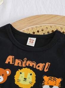 Cozy Pixies Baby Boy Cartoon Animal Pattern Knitted Soft Crew Neck Short Sleeve Top And Elastic Waist Shorts 2pcs Set