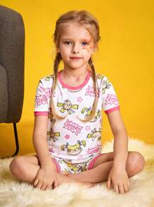 Nick 90s | SHEIN Young Girl Cartoon Floral & Letter Graphic Pink & White Casual Comfortable Tight Fitting Short Sleeve T-Shirt & Shorts Pajama Set - White - View 5