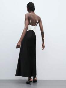 Maija Black & White Contrast V-Neck Sleeveless Bodycon Midi Dress, Elegant Backless Design, Suitable For Wedding Guest Outfit, Spring Clothes Women Valentines Day Elegant Party Dress - Black and White - View 3