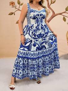 Travachic Vestido Romântico Solto de Linha A com Alça Fina, Decote Doce e Cintura Franzida, Estampa Floral Azul e Branca, Plus Size, para Férias, Boho, Vestimenta Western para Mulheres, Festival, Boêmio, Looks de Verão para Mulheres, Praia, Looks de Primavera para Mulheres