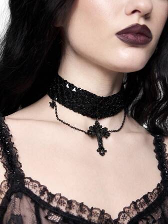 Goth Fashionable Edgy Dark Gothic Cross Pendant Choker Necklace