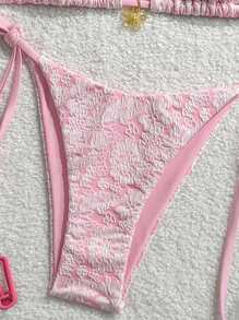 Swim Mod 2 Pieces Set Summer Vacation Pink Floral Textured Halter Tie Side Bikini Set Swimwear - Pink - View 3