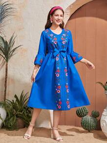Floral Print Dress For Teenage Girls, Comfortable And Fashionable Outfit For Summer, Lovely And Sweet Essential - Royal Blue - View 4