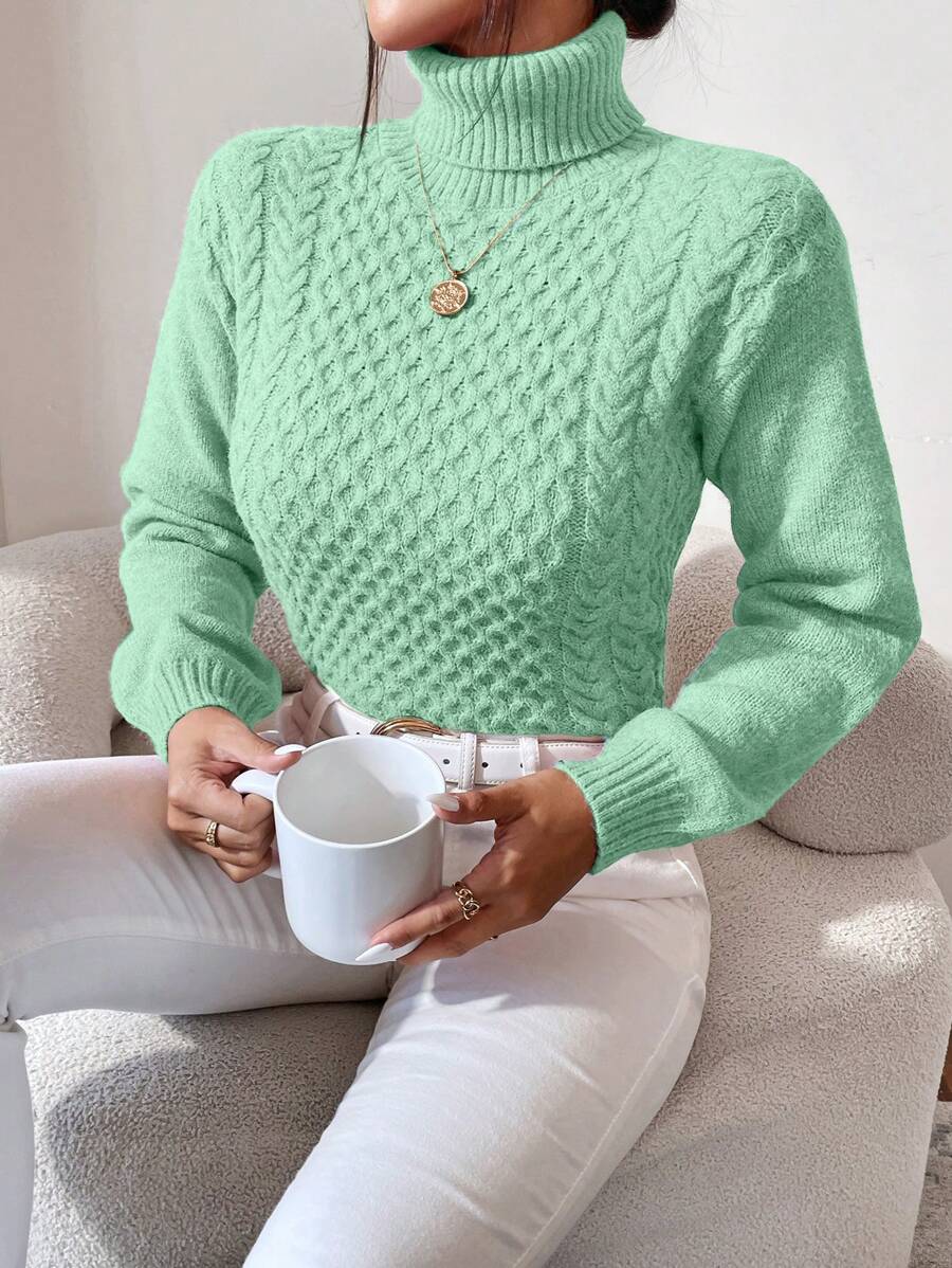 EURMUSE Turtleneck Cable Knit Sweater - Cadet Blue - View 1