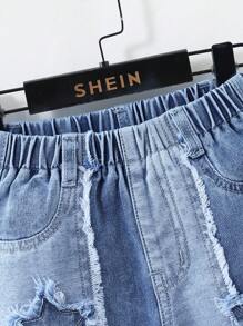 Denimly 女童休闲日常都市街头风格浅色洗水时尚阔腿牛仔裤，带星星贴花、拼布、撞色、流苏、松紧腰设计 - 淺色水洗藍 - 查看 5