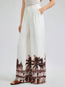 Ontre Women's 2025 Palm Tree Printed Loose Pants, Casual Vacation Wear, Island Style Floral Print, Simple And Comfortable