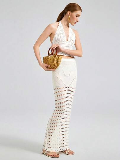 Ontre 2025夏季纯色超长镂空针织裙休闲度假风沙滩装镂空修身纯色裙子