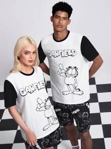GARFIELD | SHEIN Bộ 2 chiếc/Bộ Áo thun tay ngắn in hình mèo hoạt hình màu đơn giản Unisex và quần short đen, Xuân/Hè - Đen và trắng - Xem 1