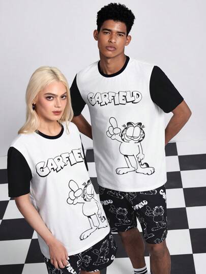 GARFIELD | SHEIN 2 件套男女款休闲拼色卡通猫咪印花短袖 T 恤和黑色短裤套装，春夏