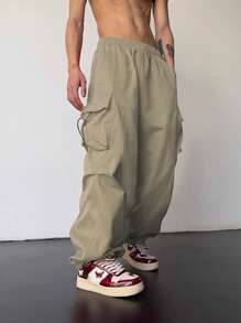 ROMWE MEN Street Life Men's Plain Pocket Casual Pants, Simple & Fashionable, Suitable For Summer - Khaki - View 1