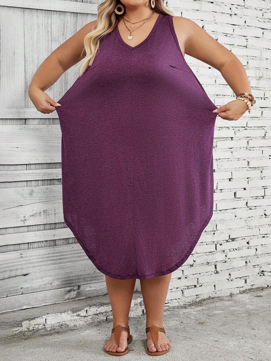 SHEIN CURVE+ Plus Size Women's Solid Color Curved Hem Vest Dress Purple - Purple - View 1