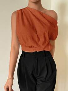 Firerie Women's Asymmetrical Open Shoulder Loose Bamboo Fiber Linen Blouse, Elegant For Vacation & Everyday Wear - Rust Brown - View 8