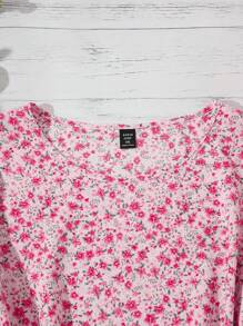 SHEIN LUNE 加大码圆领短袖满花休闲上衣，日常穿着波西米亚风格/波西米亚风格，假日，度假风格夏季海滩婚礼宾客女士休闲夏季外出衬衫母亲节简约时尚