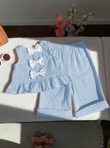 SHEIN Babygirl 可爱蝴蝶结后背背心和松紧腰裤套装，夏日假期