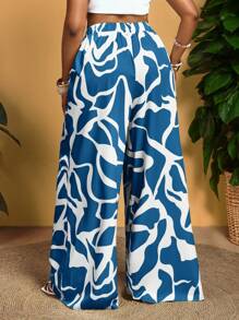 Slaydiva Plus Size Casual Allover Print Wide Leg Pants - Blue - View 2