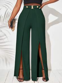 SHEIN Tall CURVE Plus Size Women's Solid Color Simple Daily Split Hem Long Pants,Ladies Late Fall Casual Split,Split Thigh High Waist Wide Leg Extra Long Black Regular Fit Women Pants,Casual Daily Wear