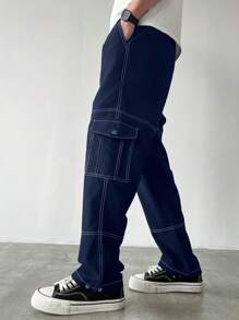 Claim Dot Men's Contrast Stitching Straight Leg Cargo Pants - Navy Blue - View 2