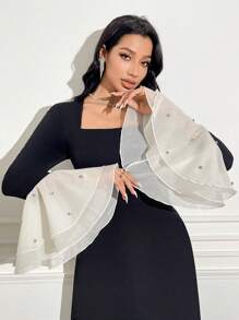 Modelyn 女士方领网纱喇叭袖优雅连衣裙 - 黑與白 - 查看 5