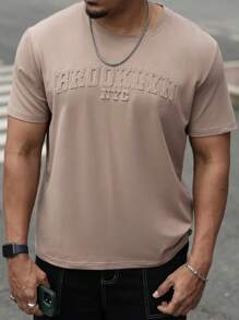 Manfinity Homme Plus Size Men's Casual Solid Color Letter Embossed T-Shirt, Summer - Brown - View 4