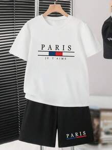 Young Boy Basic Short Sleeve T-Shirt + Black Shorts Set - Multi Colors - Grey - View 1