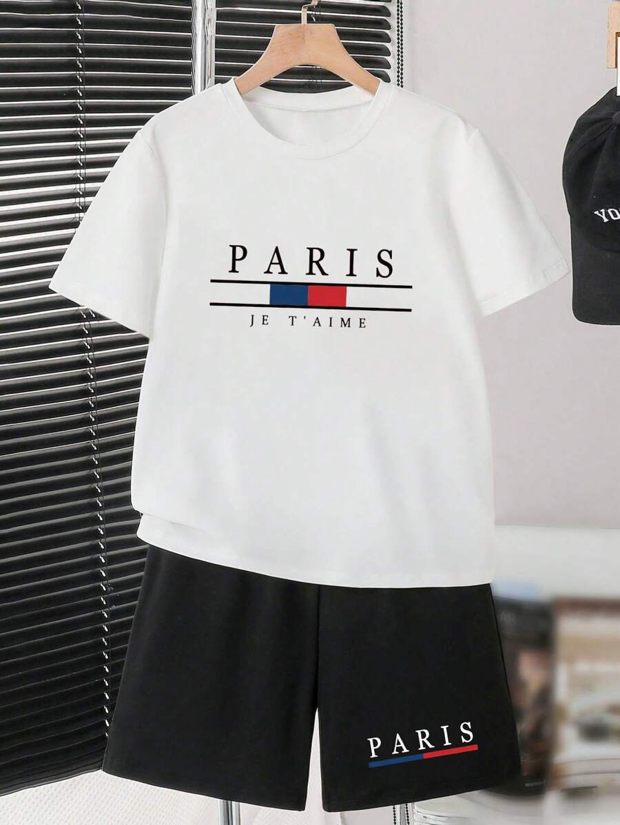 Young Boy Basic Short Sleeve T-Shirt + Black Shorts Set - Multi Colors - Grey - View 1