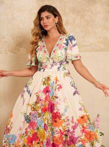 Roveilla Plus Size Women's Elegant Floral Print Maxi Beach Dress With Spaghetti Strap Neckline
