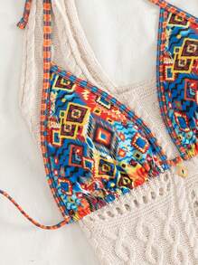 SHEIN Swim Conjunto de bikini de playa nuevo para mujer, conjunto de bikini con estampado geométrico de contraste de color y cordón, con dije premium de metal