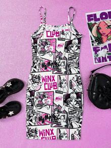 The Winx X SHEIN Tween Girl Cartoon Magical Girl Graphic Black And White Cami Dress