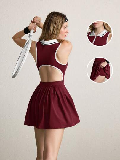 CourtClass Contrast Panel Backless Hollow-Out Design Casual Yoga Sports Dress Athletic Dress