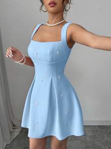 Rafferiza Women's Solid Color Patchwork Wide Strap Beaded Casual Dress - Baby Blue - View 5