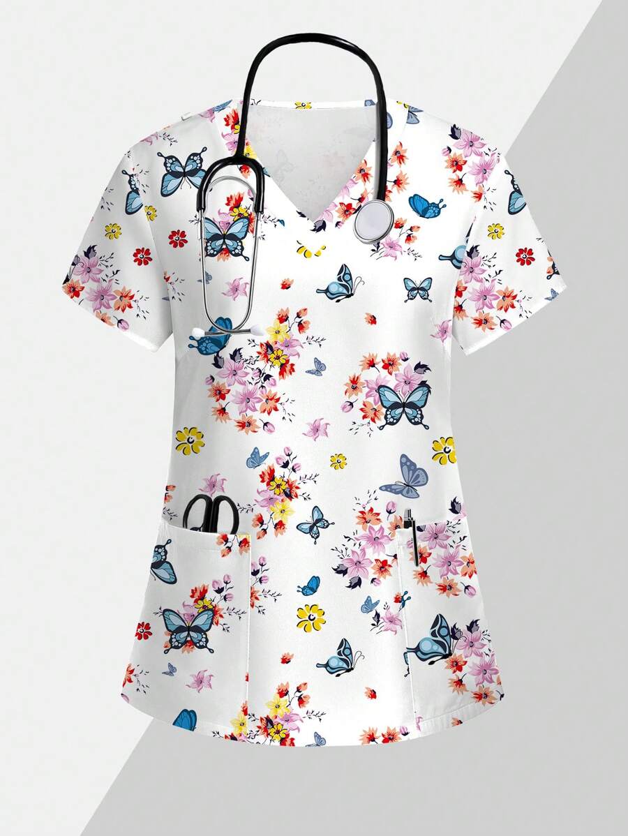 PopScrub Cute Cartoon Butterfly & Flower Printed /Nurse Scrub Uniform Top  Print V Neck Frosted Scrub Top, Casual Short Sleeve Work Wear, Women Sweetheart V-Neck Ruched Blouse, Women Short Sleeve V-Neck Nurse Uniform Shirt With 2 Pockets, Soft Stretchy Ruched Graphic Tee V-Neck Short Sleeve Blouse For Lady Wear Women's V-Neck Short Sleeve Double Pocket Cute Cartoon Animal Pink Heart Rabbit Print Simple Nurse Uniform Set/Doctor Work Uniform Set/ Examination & Surgery Uniform Set/Solid Color Pet Grooming Work Uniform Set/Nutritionist Work Uniform Short Sleeve Set/Functional Multi-Pocket Lab Work Uniform Top