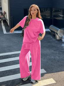 SHEIN EZwear Plus Size Vintage Look Pink Printed Loose T-Shirt + Pants Cotton 2 Pieces Set, Spring & Summer - Hot Pink - View 3