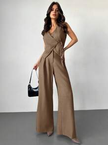 Firerie Festival New Simple & Elegant Daily Office Linen Color Solid Wrap Tie Waist Vest & High Waist Pleated Wide Leg Long Pants Suit, Office Wear Vest Suit Set, Spring/Summer,Business Casual Woman In Fall/Winter - Mocha Brown - View 1
